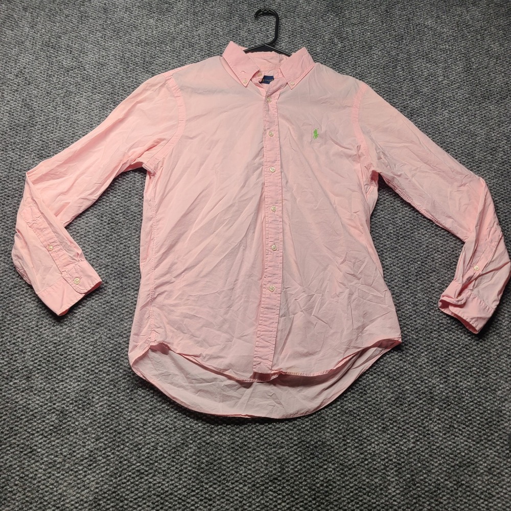 Polo Ralph Lauren Mens Medium Pink Button Down Shirt Long Sleeve Green Pony Logo